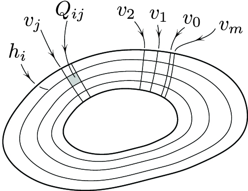 <strong>Figure 5.</strong> Subdivision of \(A\) into infinitesimal squares \(Q_{ij}\). Concentric “horizontal” lines \(h_i\) are equipotentials. Steepest descent “vertical” current lines \(v_j\) are added in a counterclockwise direction until the last line \(v_m\). The “square” \(Q_{ij}\) is bounded by \(h_{i-1}, h_{i}\) and \(v_{j-1}, \ v_j\).