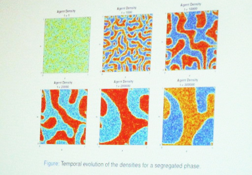 Barbaro's lattice model assumes that there are only two competing gangs, and randomly distributes red and blue agents that represent those gangs. Image credit: Alethea Barbaro, LS16 presentation.