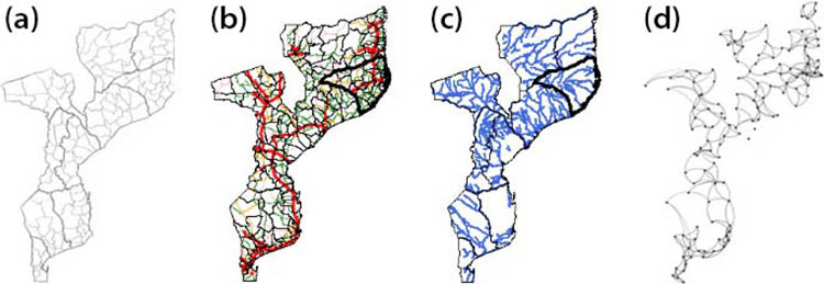 <strong>Figure 1.</strong> Maps of Mozambique, a country in Africa that experiences recurrent natural disasters. <strong>1a.</strong> Map of Mozambique’s districts. <strong>1b.</strong> Transportation networks, with paved roads shown in red. <strong>1c.</strong> Map of rivers. <strong>1d.</strong> Graph that represents the transportation network. Figure 1a courtesy of <a href="https://www.ingd.gov.mz/" rel="noopener noreferrer" target="_blank">Instituto Nacional de Gestão e Redução do Risco de Desastres de Mozambique (INGD)</a>; Figure 1b courtesy of the <a href="https://opendata.rcmrd.org/" rel="noopener noreferrer" target="_blank">Regional Centre for Mapping of Resources for Development (RCMRD)</a>; and Figures 1c and 1d courtesy of [2].