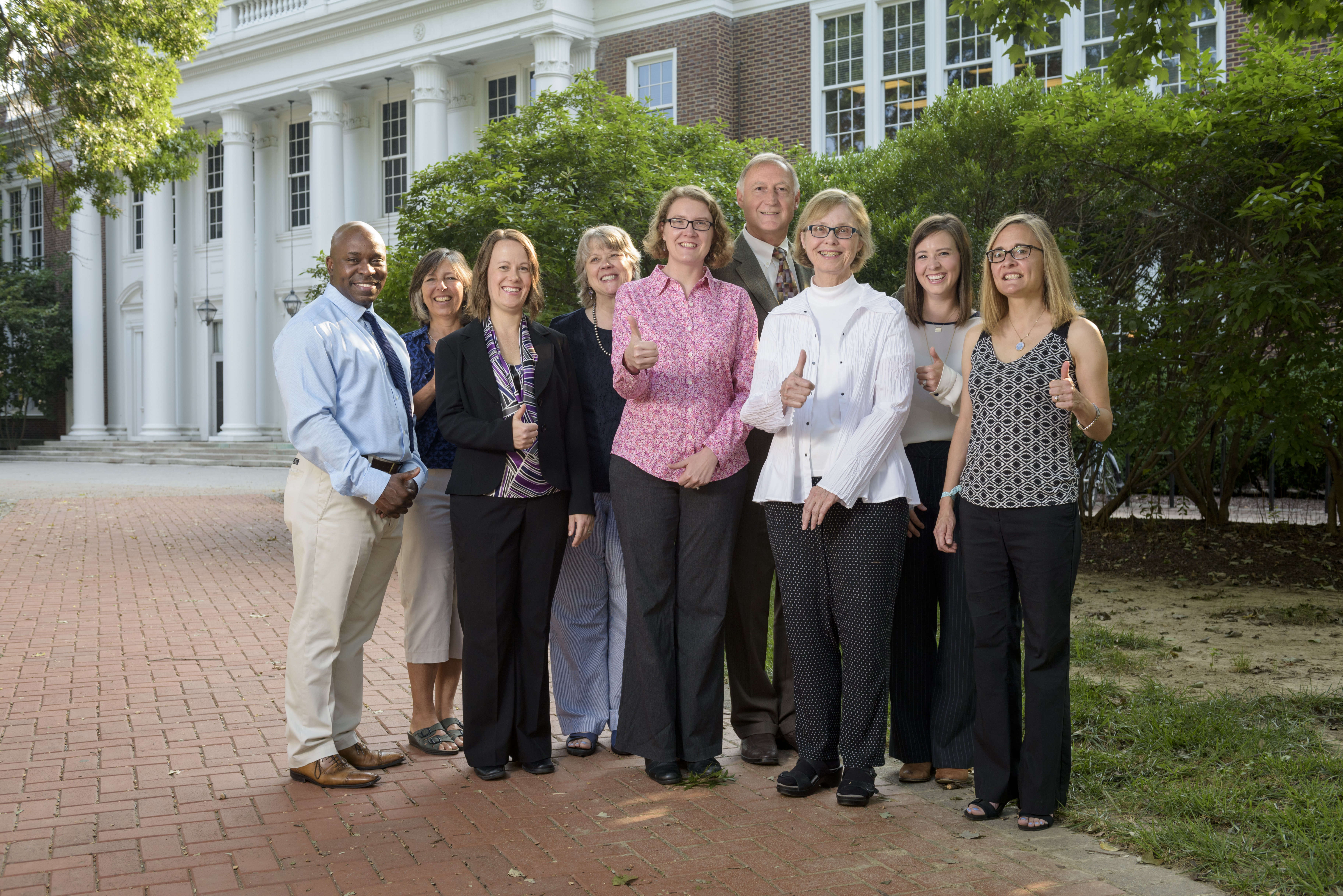 Pam Cook (third from right), principle investigator (PI) on University of Delaware’s ADVANCE Institutional Transformation (IT) grant, along with the ADVANCE team (left to right): Jawanza Keita, Lynn McDowell, Shawna Vican, Joan Buttram, co-PIs Heather Doty and John Sawyer, UD ADVANCE director Emily Bonistall Postel, and co-PI Robin Andreasen. Photo credit: University of Delaware.