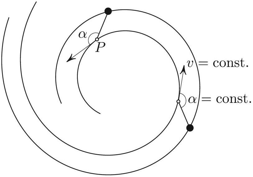 &lt;strong&gt;Figure 2.&lt;/strong&gt; If \(P\) moves with constant speed to keep \(\alpha = \textrm{const.}\), then the curvature of \(P\)&#x27;s path is an exponential function of time (and thus of arclength).