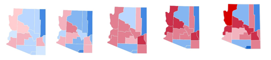 <strong>Figure 1.</strong> The Big Sort: Results of the presidential elections in Arizona, U.S. in 1992, 1996, 2000, 2004 and 2016 (from left to right). The colour intensity (blue for Democrats, red for Republicans) reflects the election outcome in percentage. Image credit: Wikimedia Commons, Creative Commons Attribution-Share Alike.