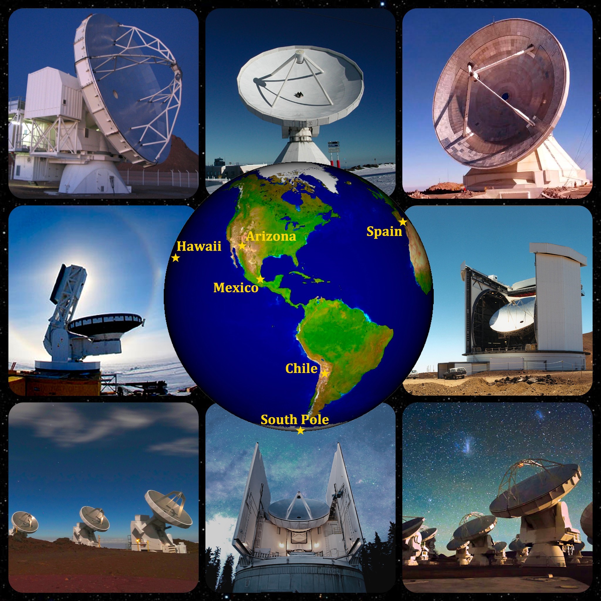 <strong>Figure 2.</strong> Synchronized telescopes across the globe form a virtual telescope called the Event Horizon Telescope that can achieve an unprecedented resolution. Figure courtesy of Kristy Johnson.