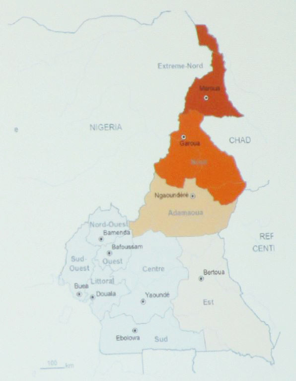 Map of Cameroon in West Africa. Darker colors indicate higher instances of cholera outbreak.