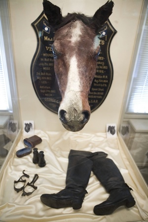 The stuffed head of Gen. George Meade’s horse, Old Baldy, hangs in a case at the Civil War and Underground Rail Road Museum in Philadelphia. (AP Photo/Justin Maxon).