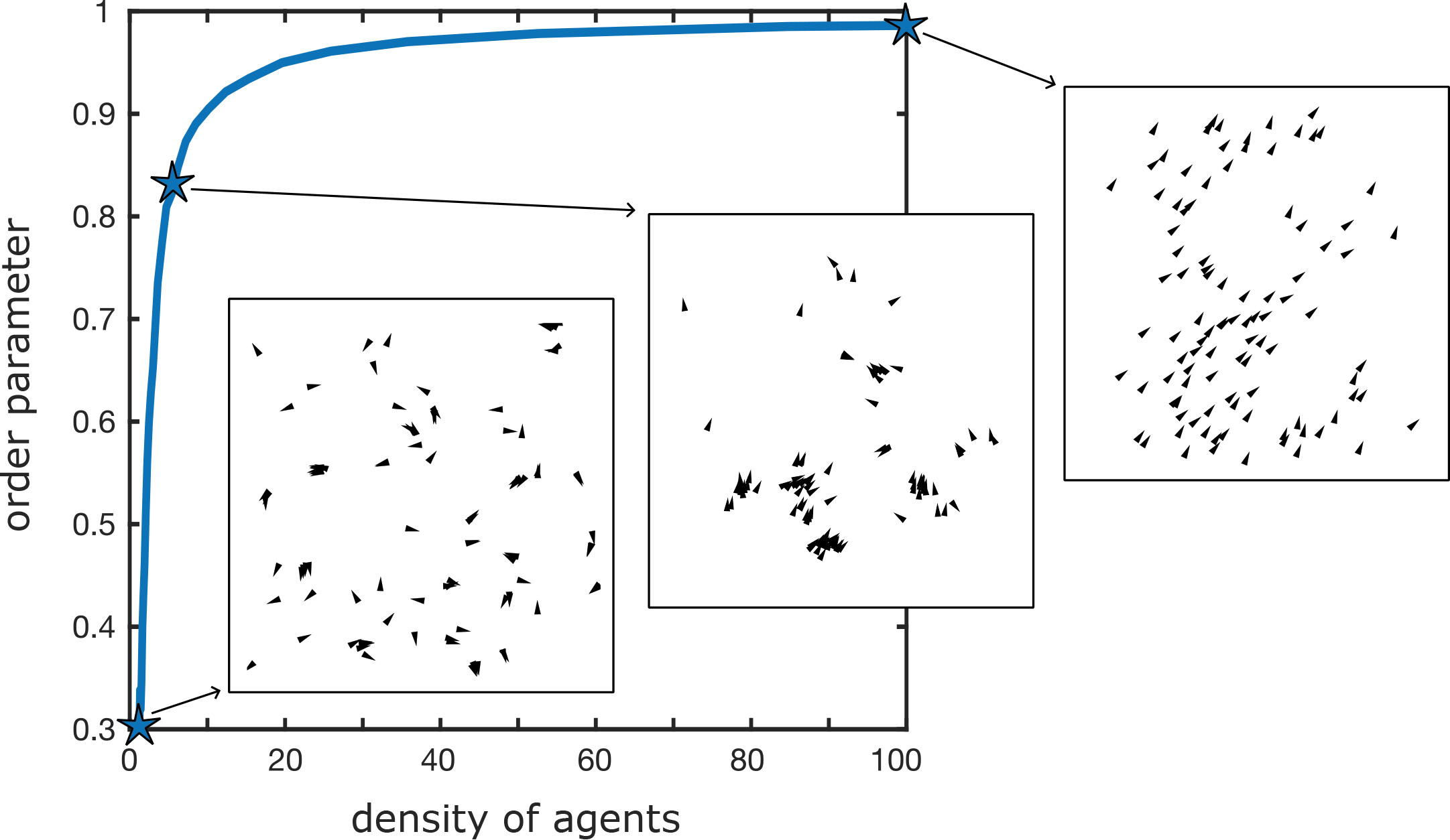 <strong>Figure 2.</strong> Phase transition in a Vicsek-type model from a misaligned to aligned flocking state as a function of the density of agents. The results are shown for a time-varying interaction network whose interaction weights are inversely proportional to the inter-agent distances (using periodic boundary conditions). Figure courtesy of Arthur N. Montanari.