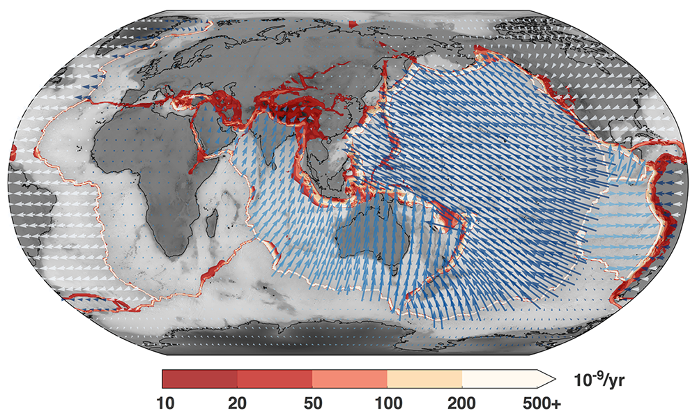 <strong>Figure 1.</strong> A map of surface velocities shows that the surface motions are organised into a strikingly simple pattern of surface “plates” that are almost rigid bodies. The surface strain rate–coloured contours—is concentrated at the plate boundaries. The map also displays the second invariant of the strain-rate, which is vanishingly small in the plate interiors and large at the plate boundaries. The arrows are colored by their angle to ‘North’ as a means of distinguishing the different plates. The scale is such that the longest vector represents 10cm/yr.
