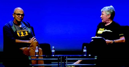 Satya Nadella and Maria Klawe at the Grace Hopper Celebration of Women in Computing. Photo courtesy of the Anita Borg Institute.