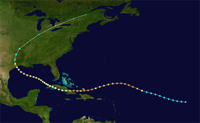 Track of Hurricane Ike (2008). Image credit: Created using Wikipedia:WikiProject Tropical cyclones/Tracks. Background image is from NASA. Tracking data from the National Hurricane Center.