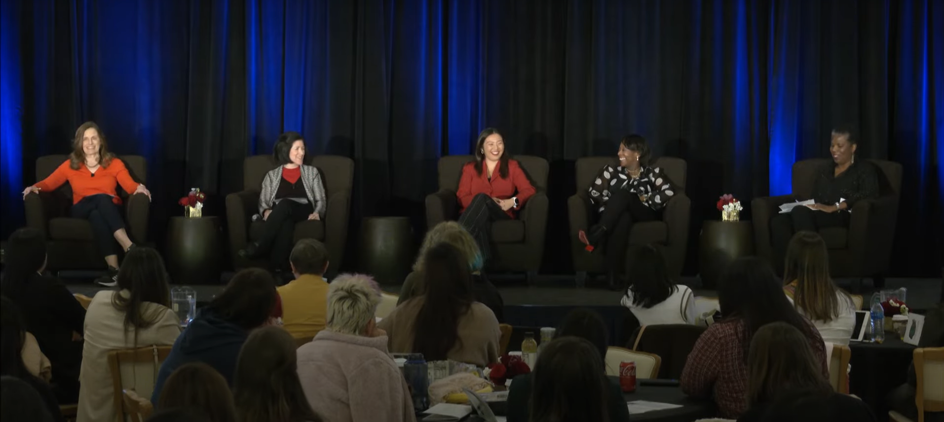 A panel at the Women in Data Science Worldwide Conference 2022, which took place in a hybrid format in March, addressed the many facets of careers in data science. From left to right: Tamara Kolda (MathSci.ai), Cecilia Aragon (University of Washington), Maggie Wang (Skydio), Sharon Hutchins (Intuit AI+Data), and moderator Suzanne Weekes (SIAM).