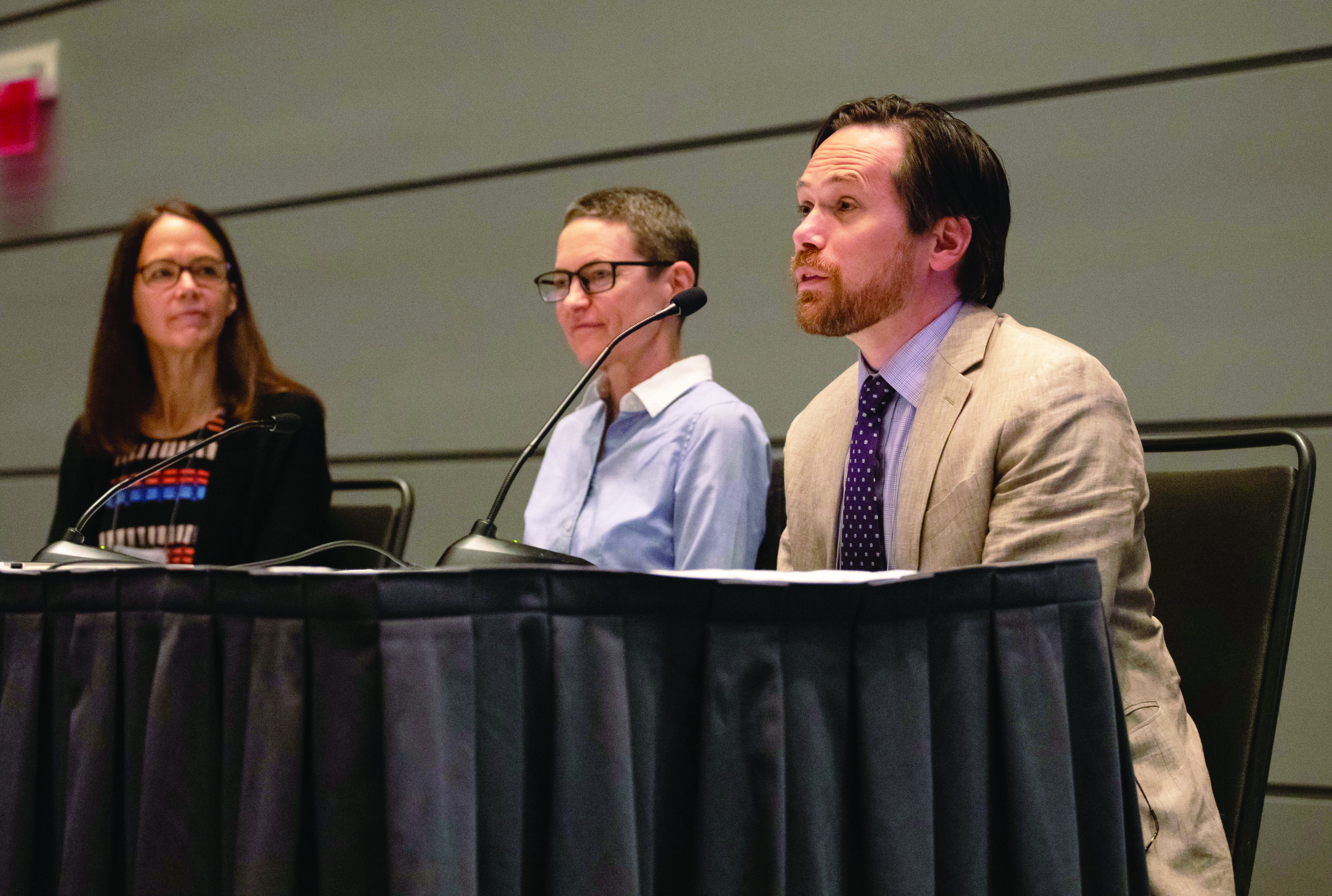From left to right: Sharon Arroyo (The Boeing Company), Helen Moore (University of Florida), and Ian Price (UPMC Health Plan) relay their own experiences outside of academia and offer career advice during a hybrid industry panel at the 2022 SIAM Annual Meeting, which took place in Pittsburgh, Pa., this July. SIAM photo.