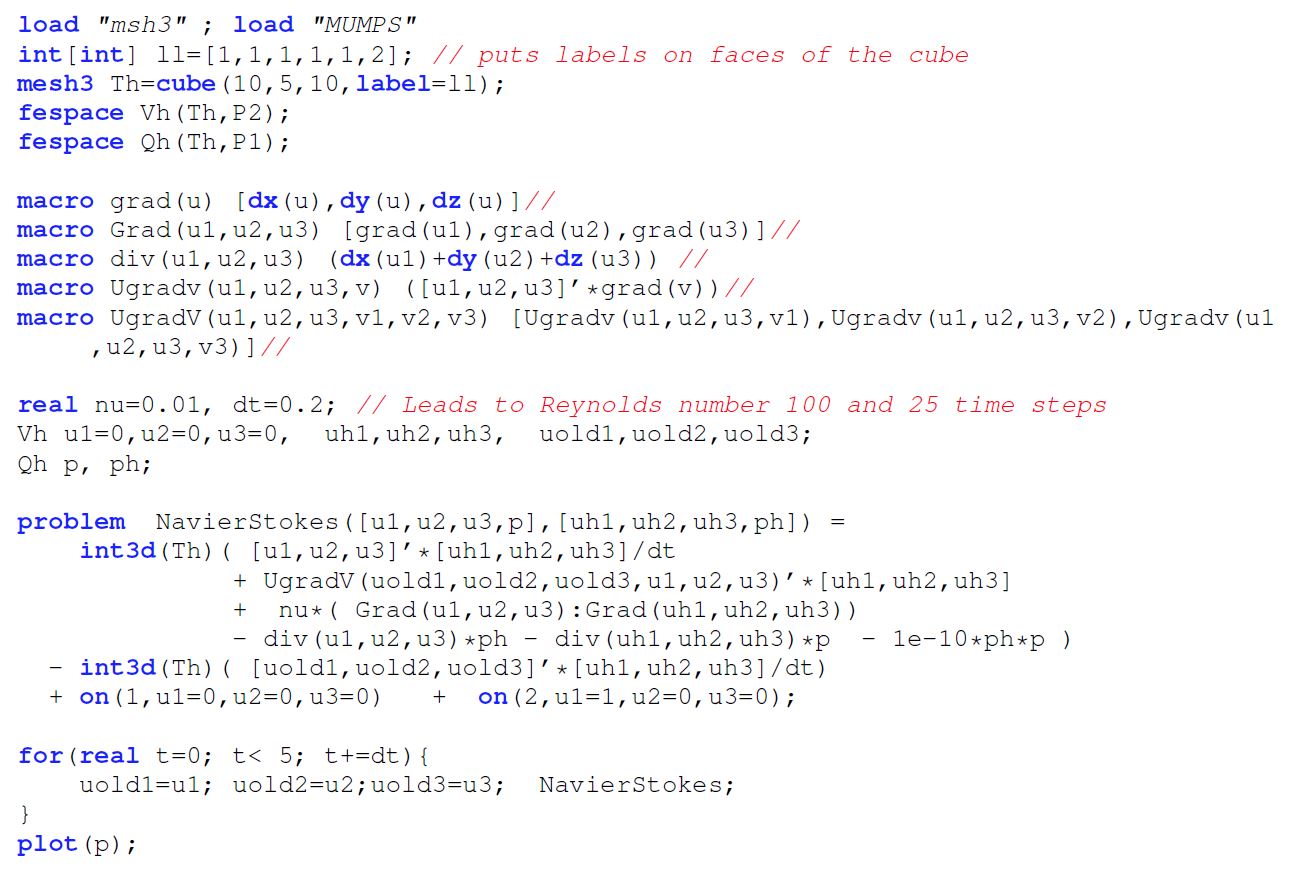 <strong>Figure 2.</strong> Freefem++ code for the Navier-Stokes equations in 3D.