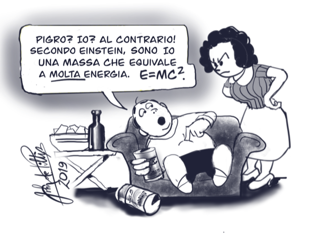 “<em>Lazy? Me? On the contrary! According to Einstein, I am a mass, which equates to <strong>a lot</strong> of energy</em>.” John dePillis created and presented this cartoon as part of his talks at four Italian universities on the occasion of the 500th anniversary of Leonardo da Vinci’s death.