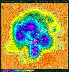 Polar vortex on January 6, 2014, in terms of 500 millibar height (false color) and sea level pressure (black contours), superimposed on white outline of North America in lower middle of figure. Source: Pacific Marine Environmental Laboratory, National Oceanic and Atmospheric Administration (http://www.pmel.noaa.gov/arctic.shtml).