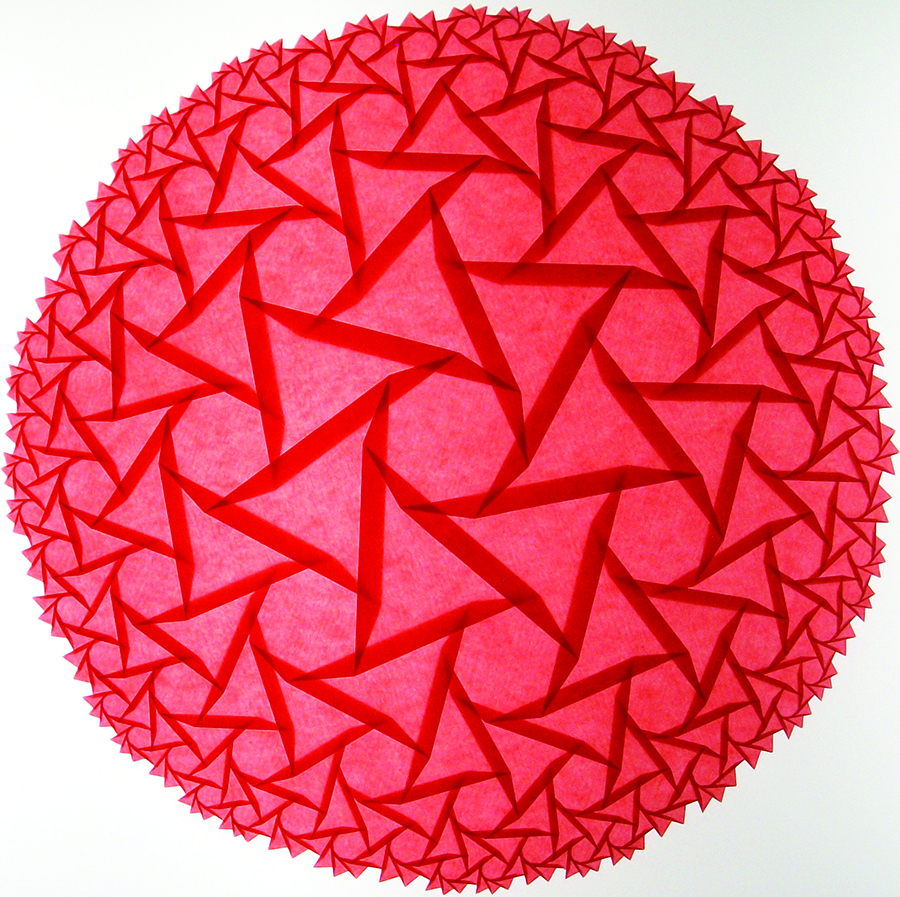 <em>3^7 Hyperbolic Limit, Opus 600</em> (2014). A single-sheet tessellation fold of a hyperbolic tiling that uses the Poincaré projection of hyperbolic geometry. Figure courtesy of the author.