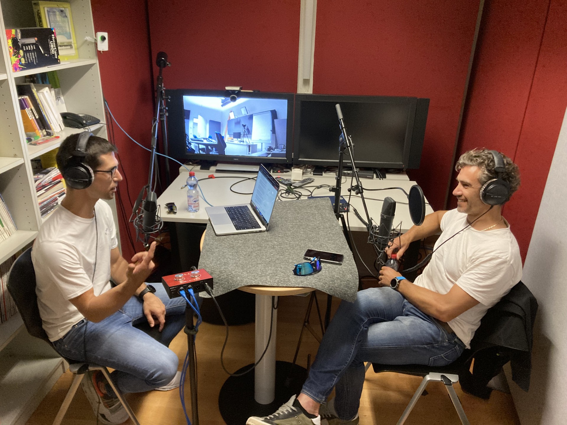 Alberto Padoan (left) and Alessandro Chiuso (right), professor of automatic control at the University of Padova, during the recording of an <em>inControl</em> podcast episode. Photo courtesy of Alberto Padoan. 