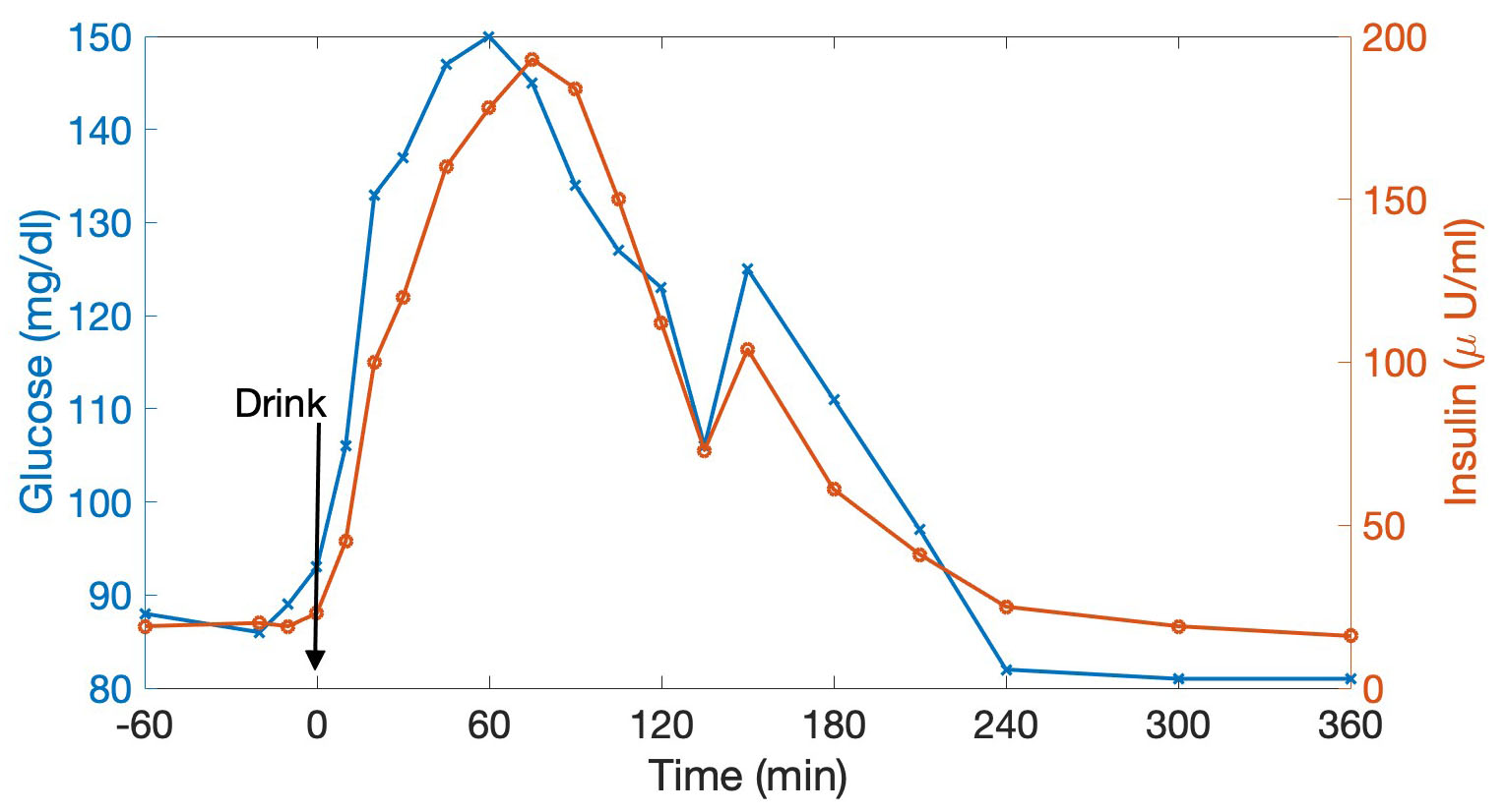 <strong>Figure 1.</strong> Glucose-insulin dynamics for an adolescent female during an oral glucose tolerance test (OGTT), with drink administered at time 0. Blood glucose concentrations rise as the gut absorbs glucose from the drink and fall as glucose is taken up by the liver and peripheral tissues. The pancreas releases insulin in response to elevated glucose levels and facilitates glucose uptake. Insulin resistance in this individual requires a second phase of insulin release to return glucose to baseline. Data courtesy of Melanie Cree-Green, figure courtesy of Cecilia Diniz Behn.