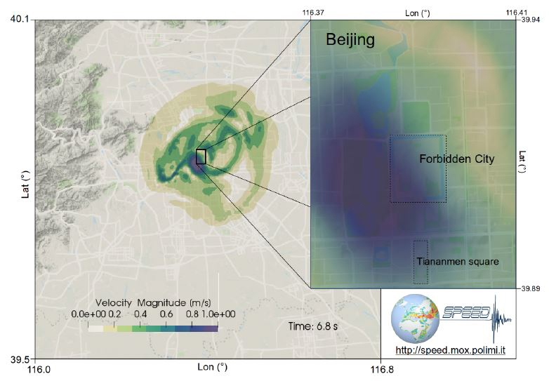 <strong>Figure 3.</strong> Snapshots of the peak ground velocity obtained for a 6.5 Mw scenario. Figure courtesy of Ilario Mazzieri.