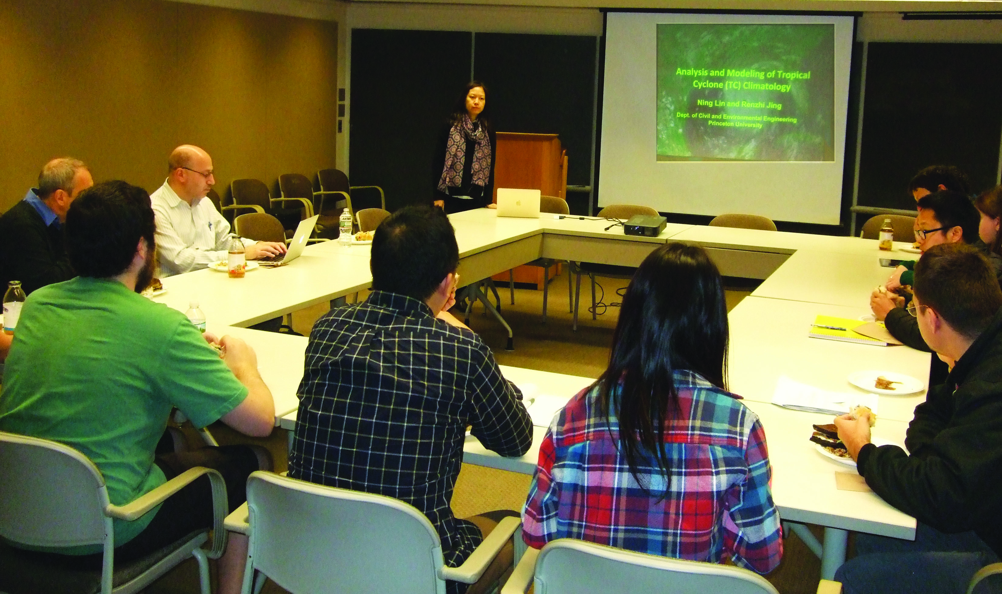 Professor Ning Lin, assistant professor of civil and environmental engineering at Princeton University, gave a talk to EDT participants titled “Analysis and Modeling of Tropical Cyclone (TC) Climatology.” Photo credit: Tina Dwyer.