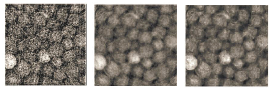 <strong>Figure 1.</strong> A comparison of reconstructions of an image of peppercorns using three different techniques. <strong>Left.</strong> Filtered Back Projection. <strong>Middle.</strong> Classic Tikhonov regularization. <strong>Right.</strong> A tensor-based form of dictionary reconstruction. Image courtesy of [2]. Image credit: Samuli Siltanen.