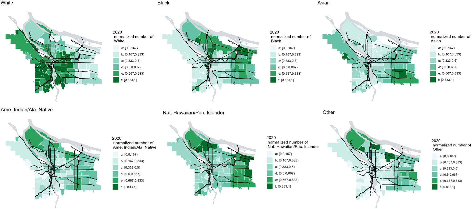 <strong>Figure 2.</strong> Maps of normalized racial demographic composition across neighborhoods in Portland, Ore. in 2020. Figure courtesy of the author.