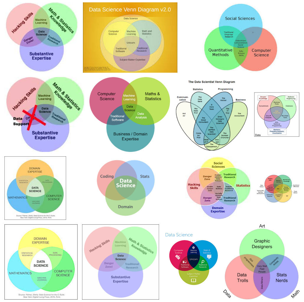 <strong>Figure 1.</strong> A sampling of Venn diagrams that researchers have proposed to define data science. Image courtesy of Google Images.