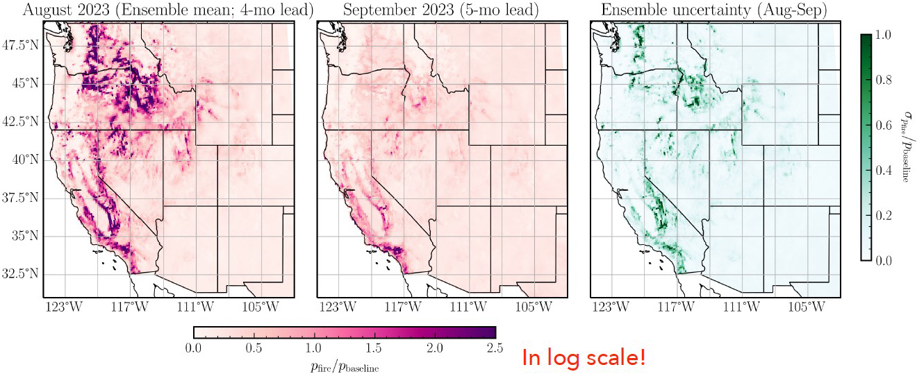 <strong>Figure 1.</strong> Forecasted fire probability as compared to the baseline for August and September 2023, as well as the ensemble uncertainty for that time period. Figure courtesy of Jatan Buch.
