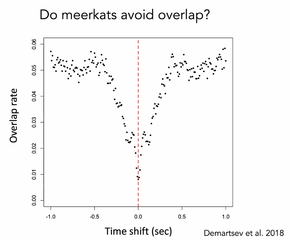 <strong>Figure 3.</strong> The rate of overlap between meerkat calls is lowest when the calls are not time shifted, indicating that meerkats speak in turns. The relevant paper is available at <a href="https://www.cell.com/current-biology/pdfExtended/S0960-9822(18)31291-0" rel="noopener noreferrer" target="_blank">this link</a>, and a video abstract can be found <a href="https://www.youtube.com/watch?v=nF3JUzdmG2Y" rel="noopener noreferrer" target="_blank">here</a>.
