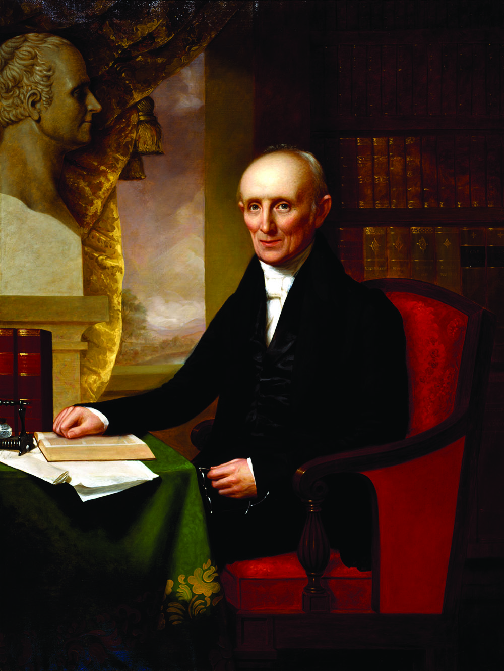 A portrait of Nathaniel Bowditch by Charles Osgood. This photo is featured on the book’s jacket. In the top left, the marble bust of Pierre Laplace that his widow gifted to Bowditch is visible. © 2006 Peabody Essex Museum. Photo by Mark Sexton.