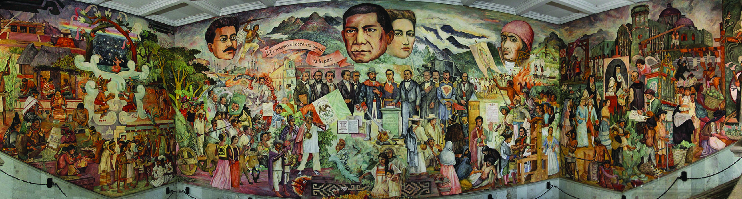 <strong>Figure 1.</strong> Arturo García Bustos’ mural, “Oaxaca en la historia y en el mito,” was completed in 1980 in the Palacio de Gobierno in Oaxaca City, Mexico — a short walk from Casa Matemática Oaxaca. The mural portrays the region’s complex social history, from pre-Columbian civilizations through the present. Similarly, mathematical models distill some aspects of social systems while omitting others. Unlike art, however, models should make their exploratory, explanatory, or predictive aims clear and transparent. Photo courtesy of Nick Saum at
<a href="http://www.nicksaumphotography.com/" target="_blank">www.nicksaum.com</a>.
