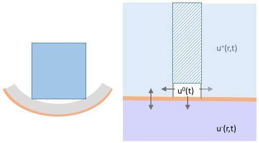 <strong>Figure 3.</strong> Pushing the electrode against the cell membrane causes a dimple, and the partial clamping by the rim of the electrode tip may create a pocket with its own chemical dynamics. Figure courtesy of Daniela Calvetti and Erkki Somersalo.
