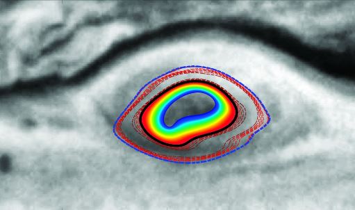Unsteady transport barriers revealed by new dynamical systems methods inside Jupiter’s Great Red Spot.