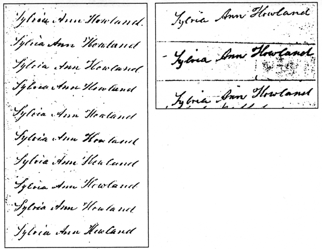 <em>An 1860s lawsuit centered on the claim of a forged signature. On the left: 10 of 42 samples of the signature measured by the mathematician Charles Sanders Peirce. On the right: the signature on the first page of the will and the two disputed signatures. From Math on Trial. </em>