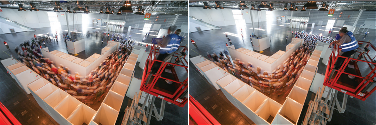 <em>In this experiment conducted in 2013 in Dusseldorf, pedestrians in encoded hats round a corner. The experiments were intended to provide data on how traffic jams form in pedestrian traffic. The first few pedestrians travel unimpeded around a corner (left). Later, a wave of congested traffic forms in advance of the corner and the velocity of the pedestrians through the corner decreases. Photos courtesy of Forschungszentrum Jülich/Ralf Eisenbach.</em>