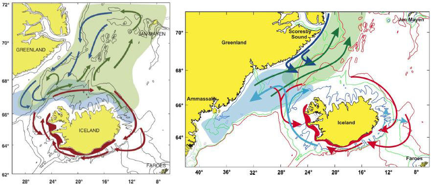 <strong>Figure 1.</strong> Capelin migrations before 2000 (left) and after 2000 (right). Feeding migrations are in green, spawning migrations are in red, and new drift of larvae are in blue. Blue regions denote distribution of juveniles. Figure courtesy of [2].