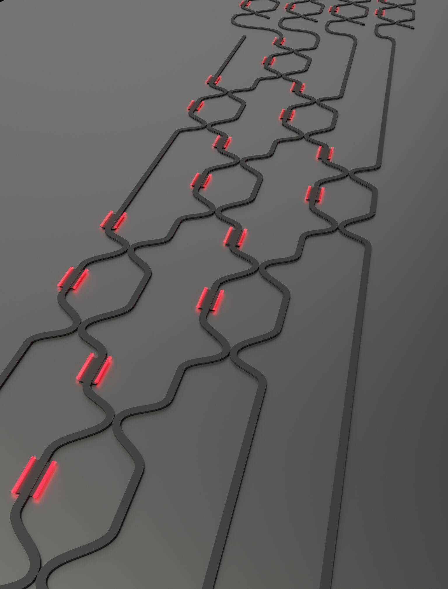 <strong>Figure 1.</strong> A visualization of the optical channels in a nanophotonic chip that performs matrix multiplications, which are critical to deep learning techniques in artificial intelligence. Image credit: Nicholas Harris.