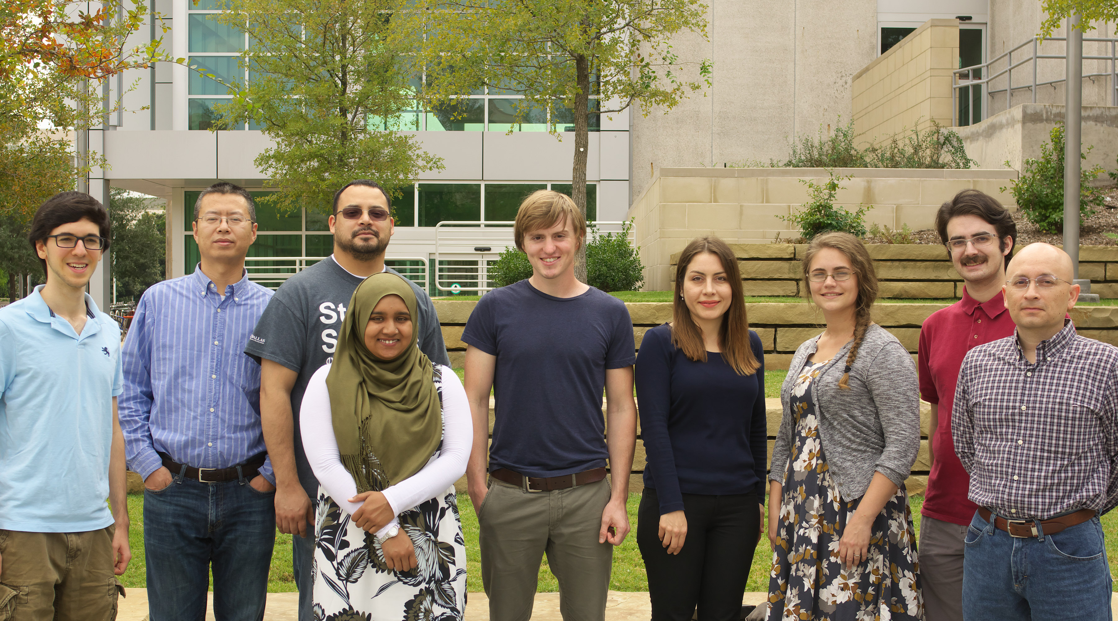 Students from the 2015-2016 and 2016-2017 EDT projects at the University of Texas at Dallas. From left to right: Conner Davis, Weihua Yang, Daniel Uribe, Samiha Rouf, John Langford, Azar Ghahari, Georgia Stuart, Jonathan Popa, and Cesar Contreras. Not pictured: Kusha Nezafati. Photo credit: Larry Ammann.