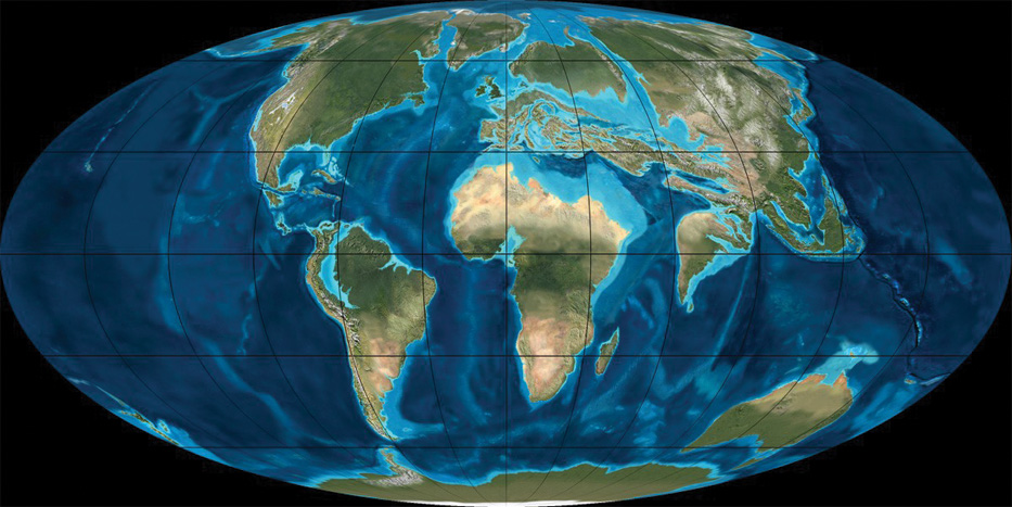 Figure 1. Schematic representation of Earth’s paleogeography corresponding to conditions in the Eocene, some 50 million years ago. In the comparatively recent Eocene epoch (less than 1% of Earth’s history has occurred since), the Earth system differed substantially from today, with extended inland seas covering portions of the continents, e.g., in northern Africa, central Europe, and parts of Russia. In these regions Earth’s mantle experienced substantial change because of active subduction of the ancient Tethys ocean. Subsidence in the Tethys realm had a profound impact on ocean circulation and climate, enabling the formation of equatorial marine pathways that are mostly closed now and serving as a major depositional centre. Whereas the distribution of marginal (inland) seas can be inferred reasonably well from paleo-shorelines, greater uncertainty is associated with the subarial paleotopography depicted here. Image from the paleogeography maps of R. Blakey, Northern Arizona University; www2.nau.edu/rcb7.