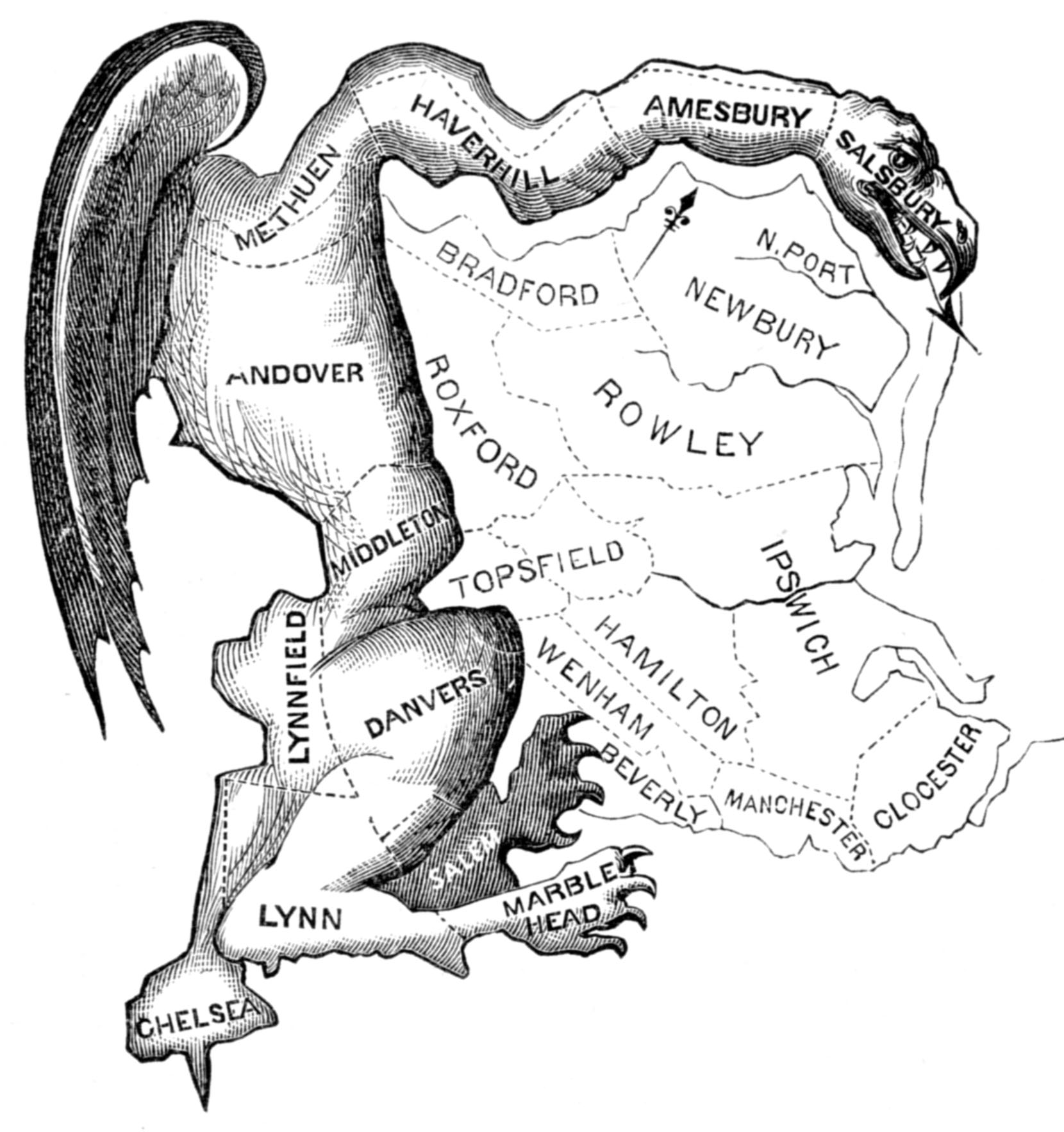 <strong>Figure 1.</strong> Cartoonist Elkanah Tisdale’s 1812 depiction of Massachusetts Governor Elbridge Gerry’s partisan gerrymandering in favor of the Democratic-Republican Party. Public domain image.