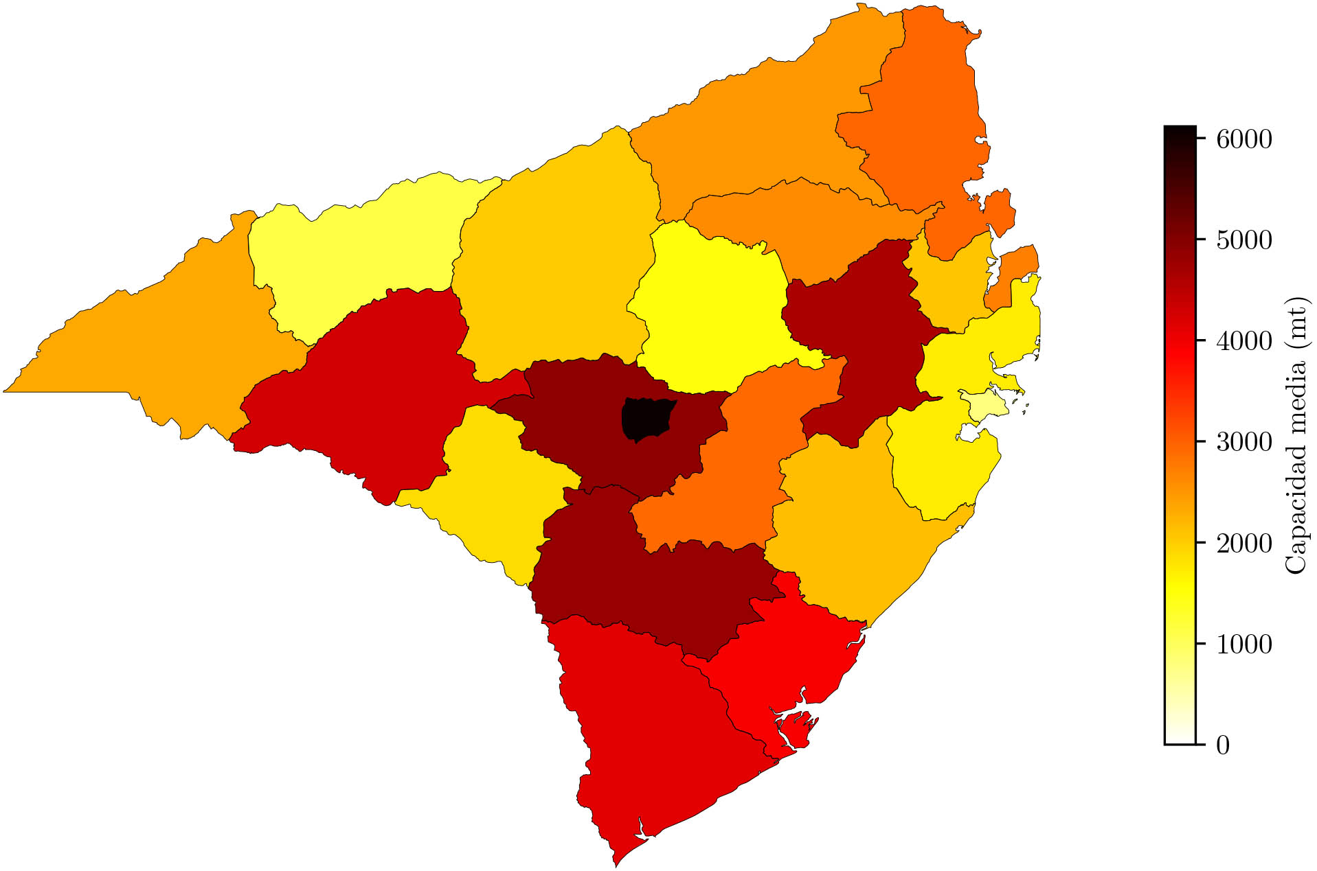 <strong>Figure 4.</strong> Average installed capacity in the Nampula province. The district with the highest capacity is the capital. Figure courtesy of [2].