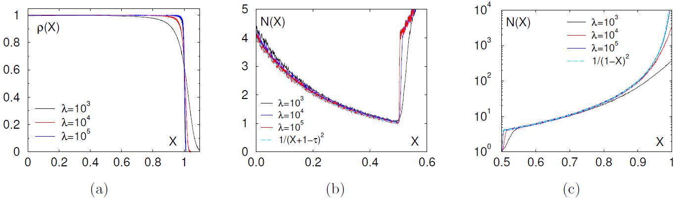 <strong>Figure 2. 2a.</strong> Simulation data for the density profile of parked cars versus \(X=k/\lambda\). <strong>2b.</strong> The scaled vacancy density profile for \(\tau=\frac{1}{2}\) in the active zone \(X<\frac{1}{2}\). <strong>2c.</strong> The scaled vacancy density profile for \(\tau=\frac{1}{2}\) in the passive zone \(X>\frac{1}{2}\).
