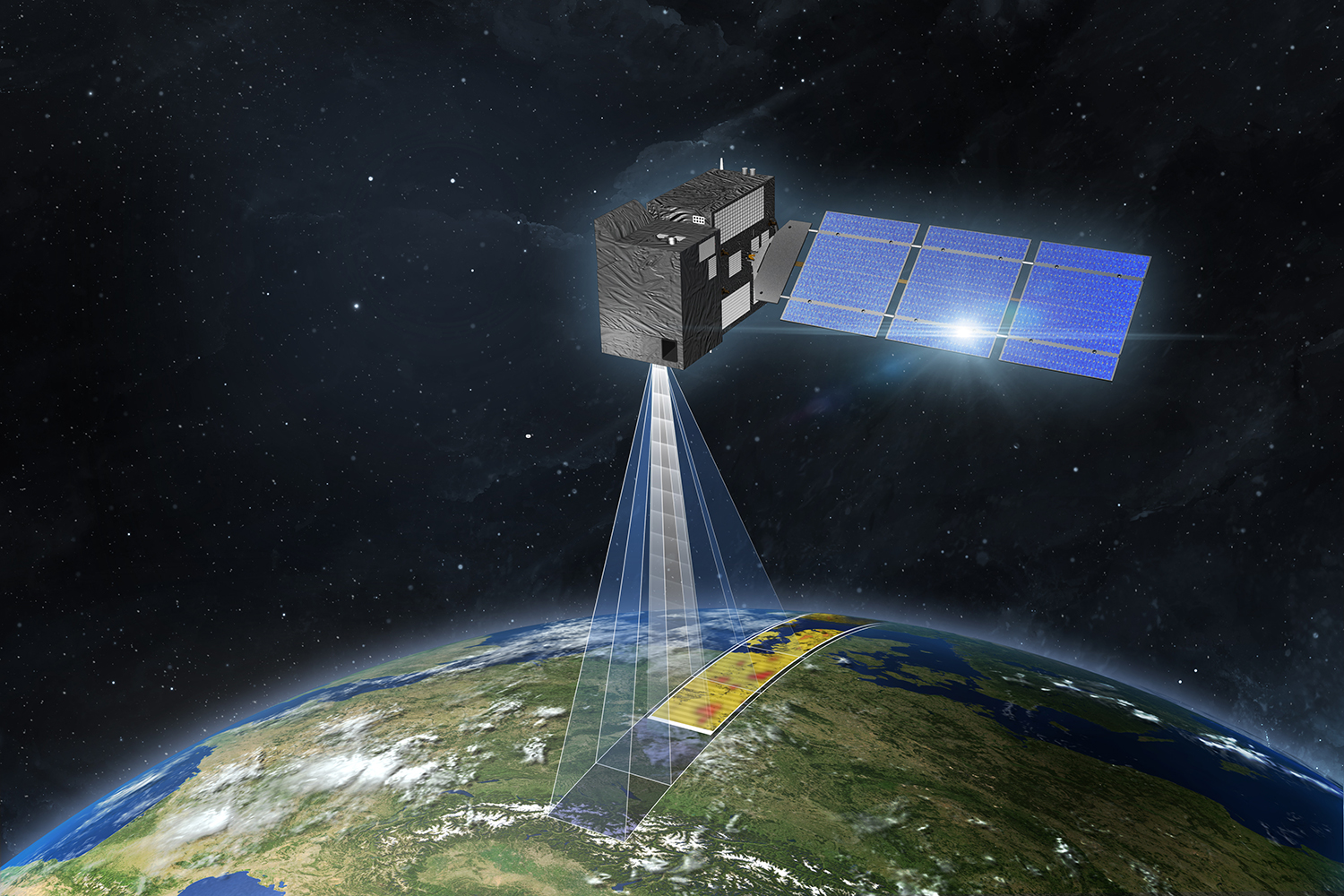 <strong>Figure 1.</strong> The European Space Agency’s (ESA) Copernicus Anthropogenic Carbon Dioxide Monitoring mission will be the first mission to measure the amount of carbon dioxide that human activity releases into the atmosphere. Image © ESA/OHB.