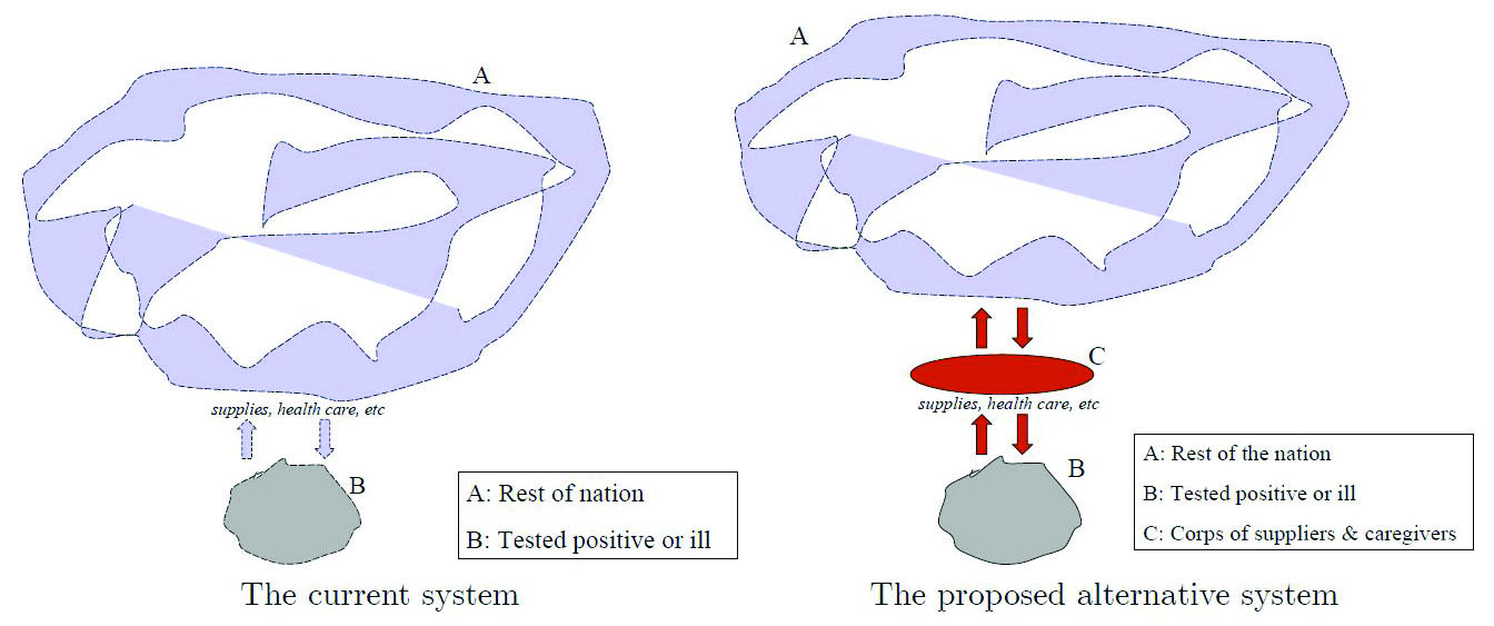 <strong>Figure 1.</strong> Two possible systems for limiting COVID-19 spread in the U.S. The spongy look of set A is designed to reflect the malleable nature of the country’s relatively free society. Figure courtesy of Samuel Awoniyi.