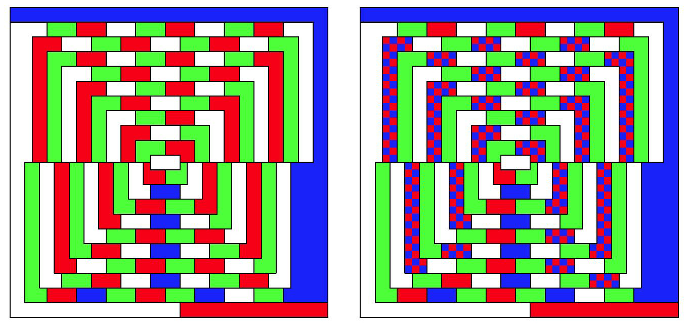 <strong>Figure 1.</strong>  The McGregor map of order 10 may be 4-colored in at least 2<sup>23</sup>= 8,308,608 ways. In one way, one color (blue here) is used only 7 times! Image credit: Donald Knuth and [2].