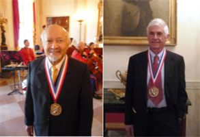 Thomas Kailath of Stanford University (left) and Alexandre Chorin of University of California, Berkeley pose with their National Medal of Science. [Photo credit: Daniel Szyld]