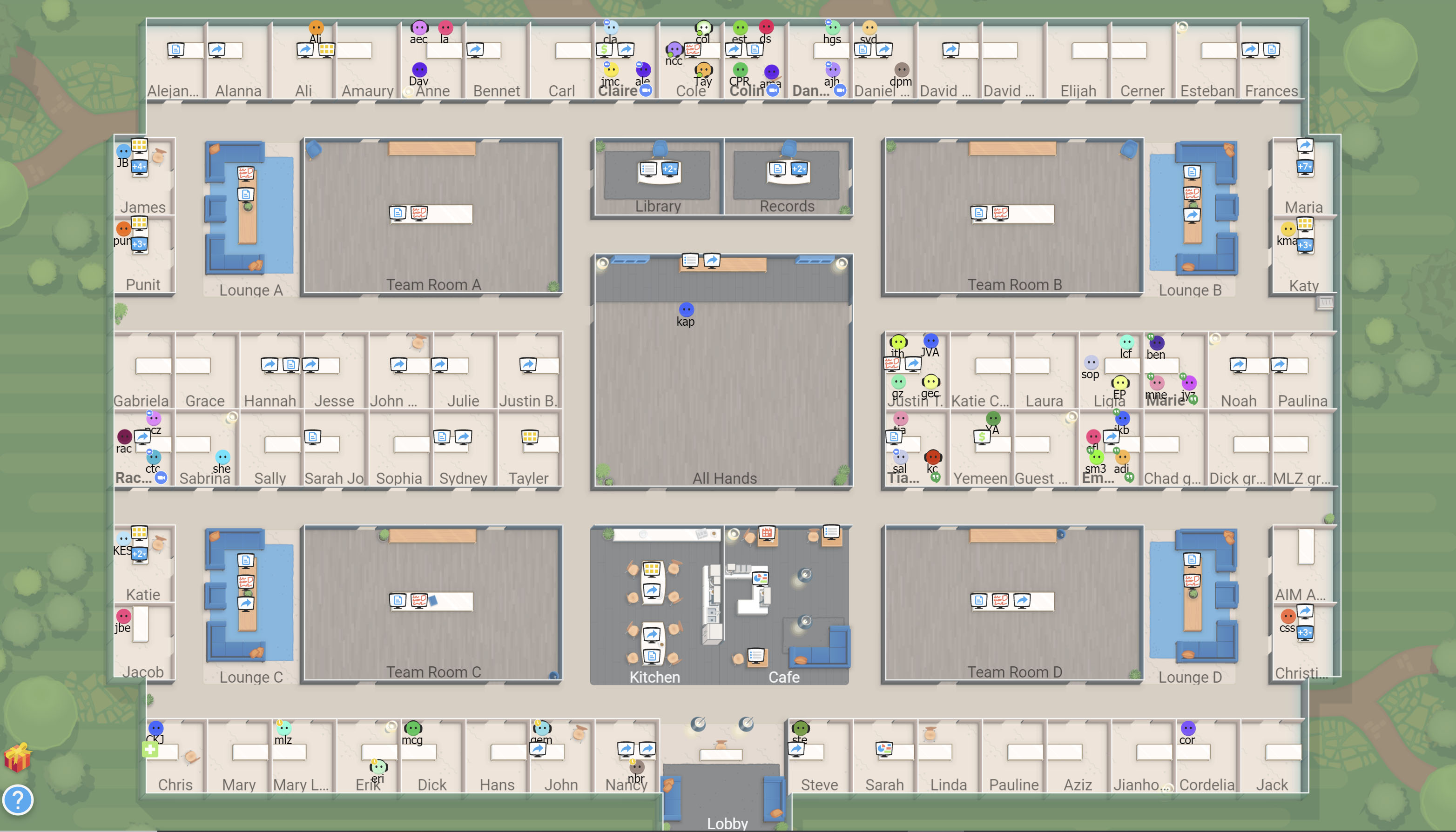 <strong>Figure 1.</strong> The Sococo platform creates a virtual workspace where participants can gather in team rooms, lounges, and even a kitchen and café. Here, groups meet in private offices.