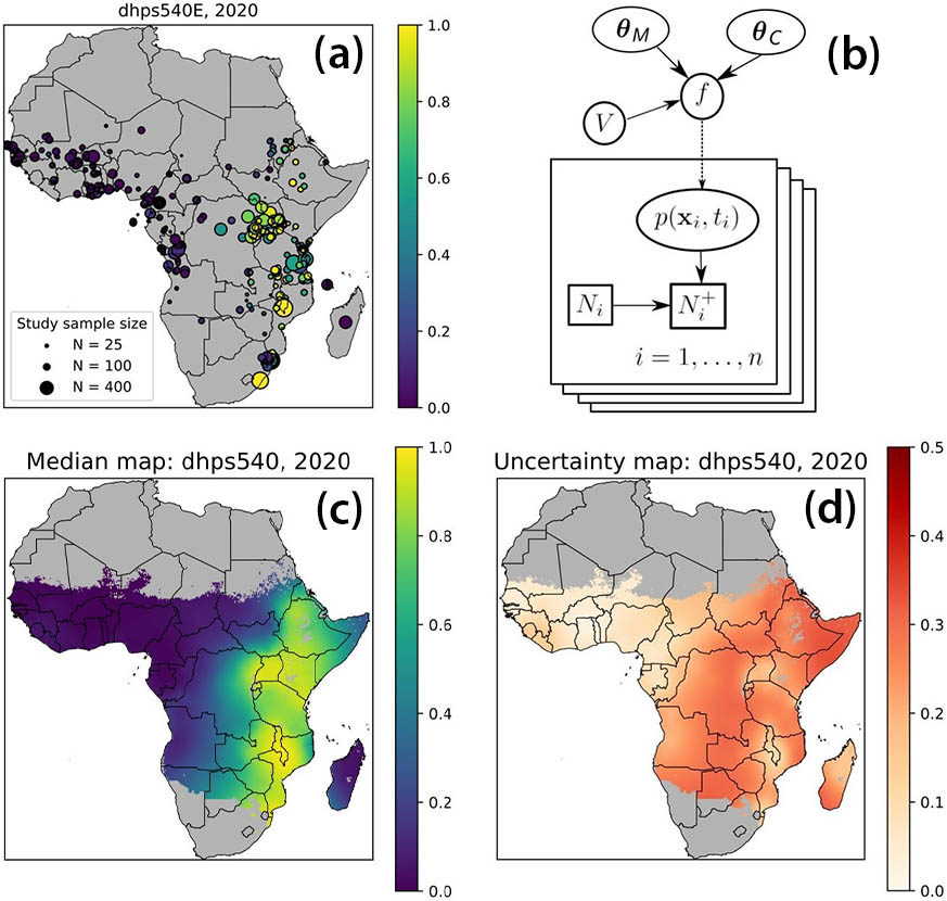 <strong>Figure 1.</strong> Summary of mathematical model inputs and outputs. <strong>1a.</strong> Summary of the spatial locations of the collected data and the prevalence of <em>pfdhps</em>540E; the size of each dot is proportional to the study sample size, and the color indicates the observed marker prevalence. <strong>1b.</strong> Conditional dependency schematic for the geostatistical model when applied to <em>pfdhps</em>540E markers. The solid arrows represent conditional dependencies, the dashed arrow represents a deterministic relationship, the squares represent data, and the circles and ellipses represent random variables. <strong>1c.</strong> Posterior predictive median prevalence of <em>pfdhps</em>540E in 2020. <strong>1d.</strong> Associated standard deviations for posterior predictions of <em>pfdhps</em>540E in 2020. Figure adapted from [3].