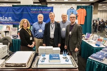Elizabeth Greenspan (Executive Editor, SIAM), Jim Rundquist (Senior Education Technical Evangelist, The MathWorks), Nick Higham (University of Manchester), Bruce Bailey (Book Marketing Associate, SIAM), and David Marshall (SIAM Publisher).