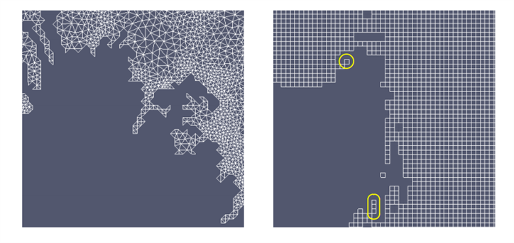 Figure caption: Coastlines: Greenland triangle mesh (left) and Antarctica quadrilateral mesh (right). Two hinges are highlighted with yellow ovals. Figure credit: Ray Tuminaro, Mauro Perego, Irina Tezaur, Andrew Salinger and Stephen Price.