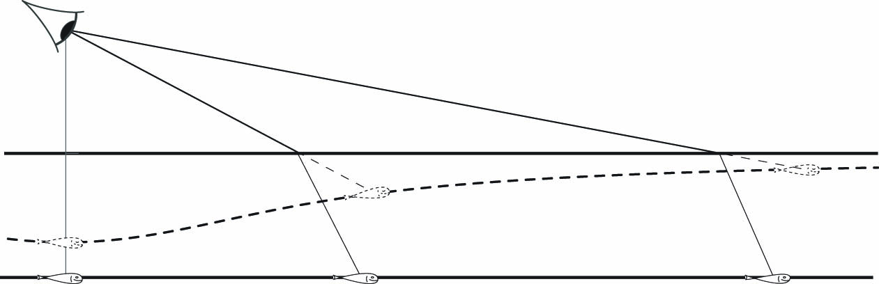 <strong>Figure 3.</strong> The image (dotted) of a straight log on the bottom of the lake is an inverted bell-shaped curve whose asymptote is the surface of the water.